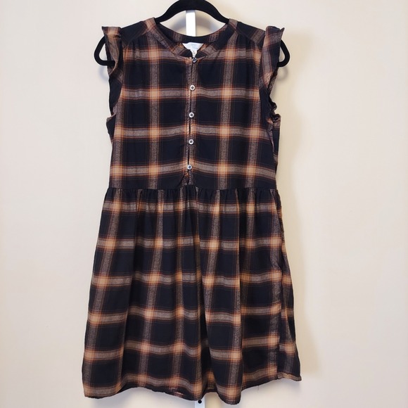 Time and Tru Dresses & Skirts - Time Tru Plaid Brown Plaid Dress Flutter Sleeve Babydoll Cottage Evermore Grunge